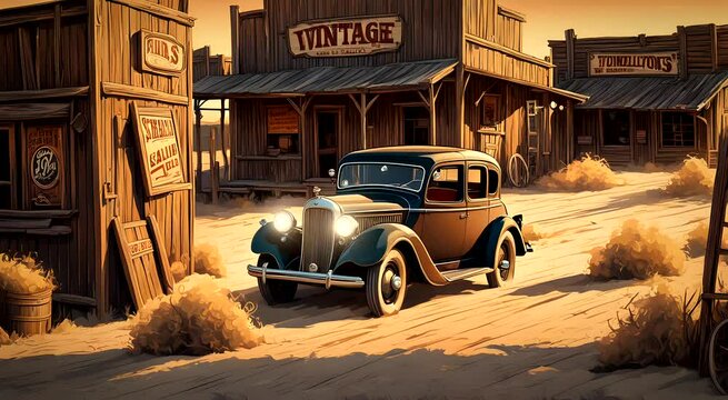 Classic car in the old town. Seamless looping time-lapse 4k video animation background