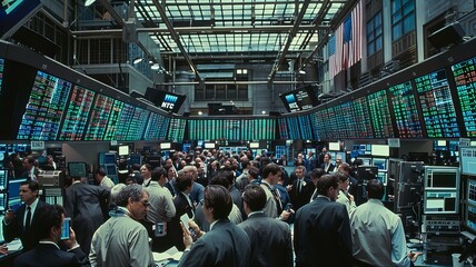 Capturing the activity on the trading floor of a stock exchanged and large crowd of traders engaged in transactions, surrounded by vibrant, illuminated stock ticker displays, retro and vintage