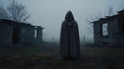 Scary ghost in a hooded cloak on the background of a lonely ruined house in the fog. Abandoned haunted house scene as spooky Halloween concept. Generative AI