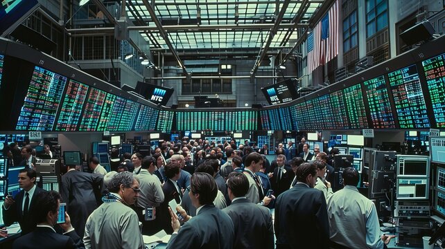 Capturing the activity on the trading floor of a stock exchanged and large crowd of traders engaged in transactions, surrounded by vibrant, illuminated stock ticker displays, retro and vintage