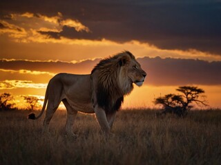 Sunset over the African savanna, A majestic adult lion silhouette dominates the landscape.
