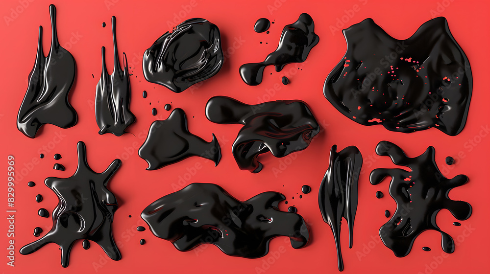 Poster set of black abstract shapes covered with texture. collection of amorphous drops of various irregula