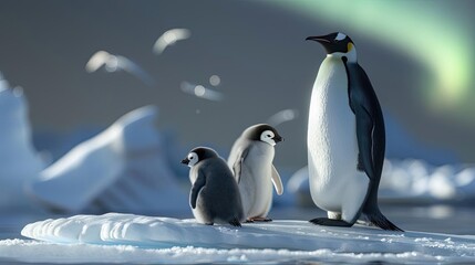 Obraz premium Emperor penguin family on icy terrain with northern lights in the background. Majestic wildlife scene in Antarctica.