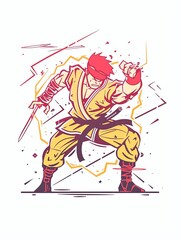 A man in a yellow karate uniform is holding two swords and is ready to fight