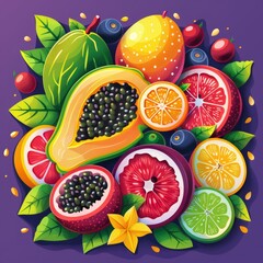 Assorted Tropical Fruits with Leaves on Purple.