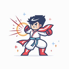 A cartoonish boy in a white outfit with red trim is punching a ball