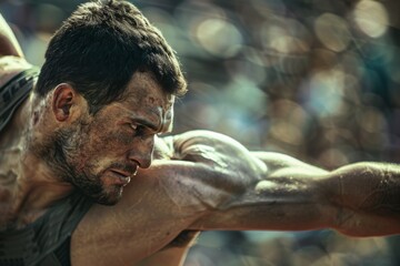 Fierce Athlete Preparing for Discus Throw in Intense Sports Competition