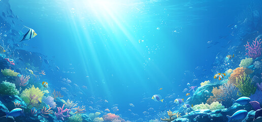 Marine life banner with coral and fish, vector style with copyspace