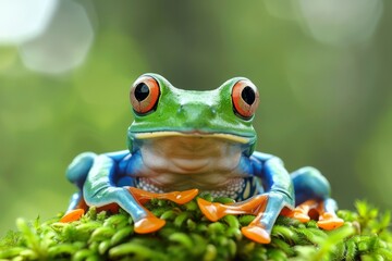 Vibrant Tree Frog with Colorful Markings on Green Moss