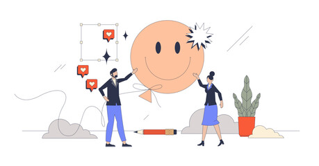 Positive team morale for effective work neubrutalism tiny person concept, transparent background. Productive job with motivational mood in office with happy employees illustration.