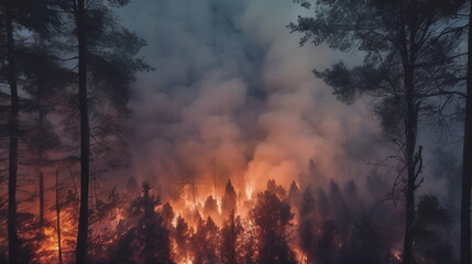 Fototapeta premium Fire at night in the forest with thick smoke. View from the hill down