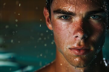 Confident Male Swimmer Close-Up with Water Droplets and Swimming Pool Background - Ideal for Sports and Fitness Themes