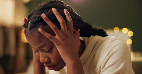 Black girl, thinking and sad or crying in home for academic pressure, self esteem or anxiety and depression of break up. Woman, fatigue and burnout of school or unhappy of broken heart and stressed.