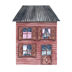 An old village house. Fabulous, wooden two-storey house in vintage style. The watercolor illustration is made by hand. Highlight it. For prints, children's games, postcards, packaging, scrapbooking.