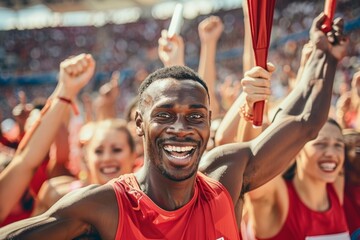 Joyful Relay Race Team Celebrating Victory at Stadium - Cheerful Smiling Athletes in Bright Sunlight