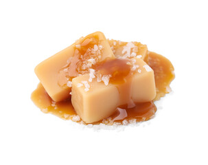 Yummy caramel candies and sea salt isolated on white