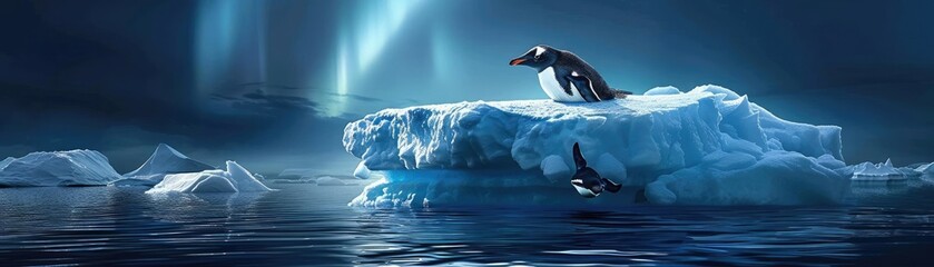 Two penguins on an iceberg in the Arctic under the Northern Lights, serene and cold, with a tranquil blue atmosphere and reflections in the water.