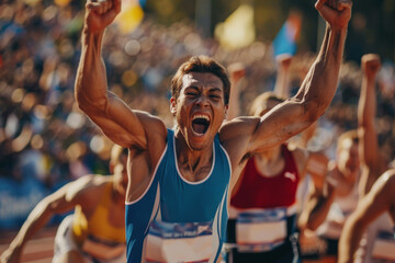Triumph and Joy: Sprinters Celebrating Victory at the Finish Line in a Thrilling Track Event