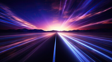 Futuristic road at high speed with vivid light trails and mountains in the background under a vibrant, colorful sunset sky.
