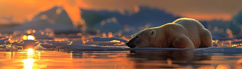 Polar bear resting on ice in the Arctic during golden hour with a stunning sunset and reflections in the water.