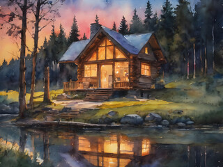 Fototapeta premium watercolor illustration house on the river 