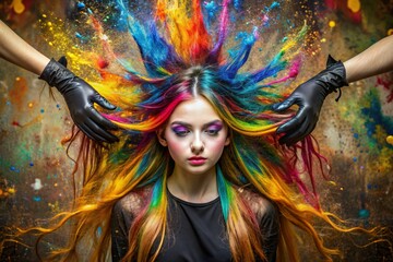 A creative banner for a beauty salon or barbershop. Fashionable professional hair coloring. Beautiful young teen girl with long multicolored hair. An explosion of colors on the head.