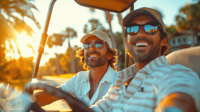 People on the golf course happy and smiling looking at the camera, sport golf and entertainment on the background of the sunset. Two friends of a business man in a golf car. generative ai