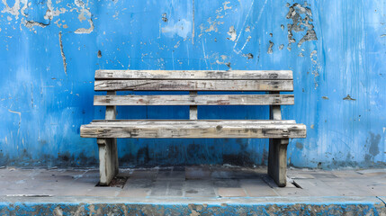 Solitary Wooden Bench Against Blue Wall- Weathered wooden bench on a sidewalk with a scratched blue wall background. Generative AI.
