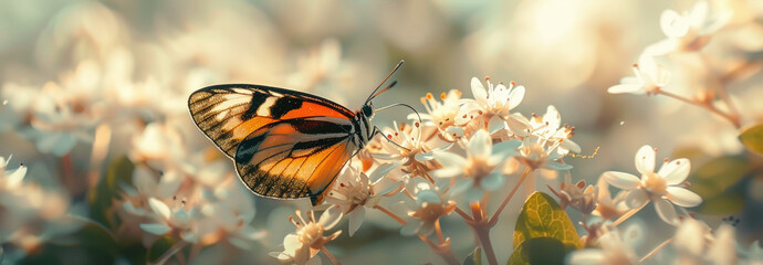 A macro shot of an orange and black striped butterfly perched on the delicate white petals of some flowers, with a blurred background that creates depth in perspective.