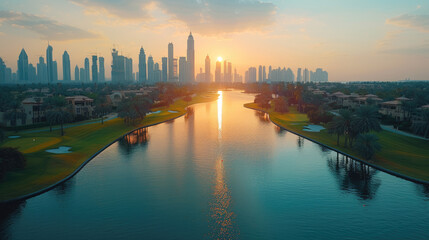 Fototapeta premium View of a huge luxury golf course, drone view. The golf club is located in a recreation area, outdoor sports. Golf course on the background of the sunset and the big city. generative ai