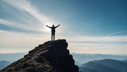 A lone person stands on top of a big mountain with hands towards the sky as to celebrate their achievement