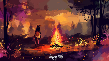 Obraz premium Happy Holi!Happy holika dahan!happy new year!Lag BaOmer，Bonfire and colorful smoke, watercolor painting,Bonfire Night