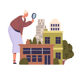 Woman Using A Magnifying Glass To Examine Buildings, Symbolizing Real Estate Market Research And Analysis