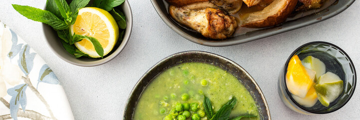 Creamy broccoli and green pea soup with mint, baked chicken with pears and thyme, delicious healthy...