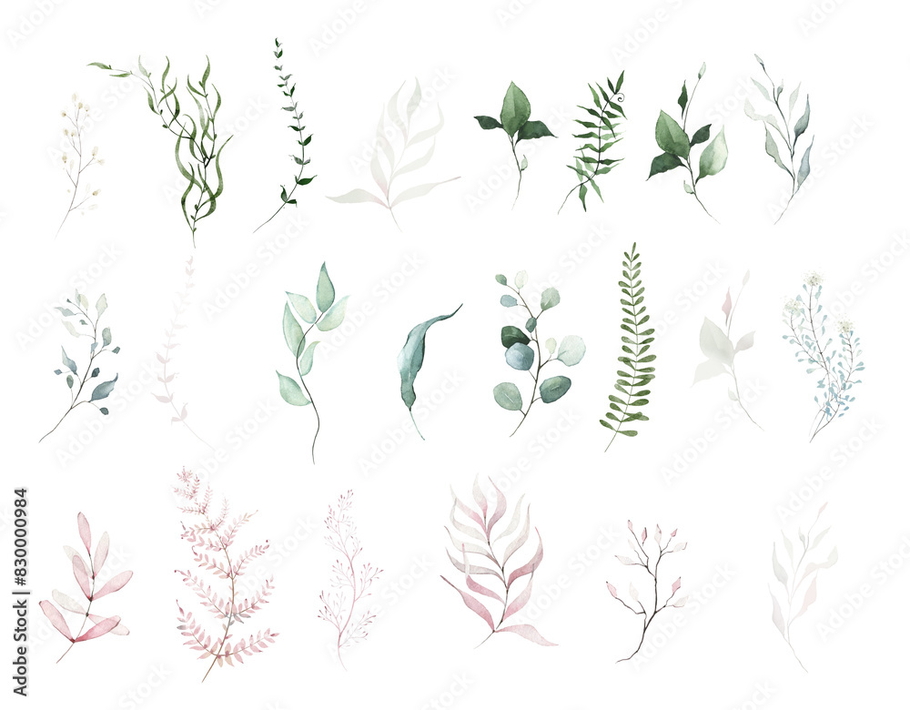 Wall mural Watercolor floral set of green, turquoise, blue, pink leaves, branches, twigs etc. Isolated wild greenery clipart illustration.