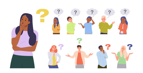 Diverse adult people and children cartoon characters with question mark over head isolated set