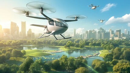 As it traverses the sky an ecofriendly air taxi casts a shadow over a vibrant park highlighting its commitment to a cleaner and greener tomorrow.