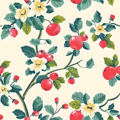 Vintage botanical illustration of cherry branches for home decor and print design. Bright colors. Retro floral birds for a charming vintage look that adds beauty to any space. AI