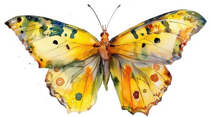 Butterfly painted with watercolors set against a white background