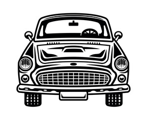 Classic car front view vector monochrome illustration isolated on white background