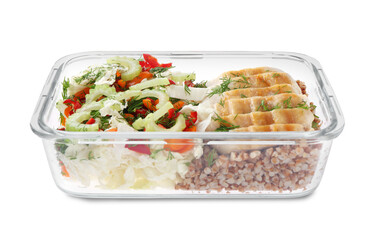 Healthy meal. Chicken breast, buckwheat and salad in container isolated on white