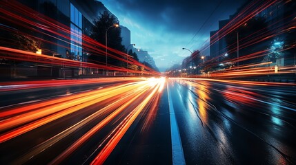 Fototapeta premium Abstract city lights streaks on wet asphalt road at night.
