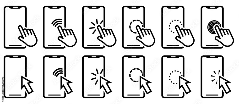 Aufkleber Smartphone with cursor click on screen. Click hand and arrow cursor in phone icons