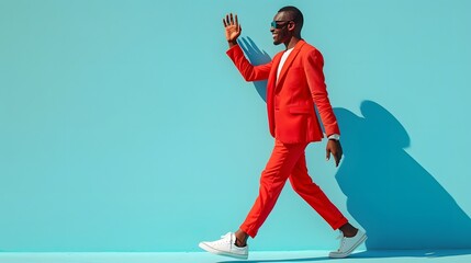 Stylish African American man in a bright red suit walking confidently against a vibrant turquoise background