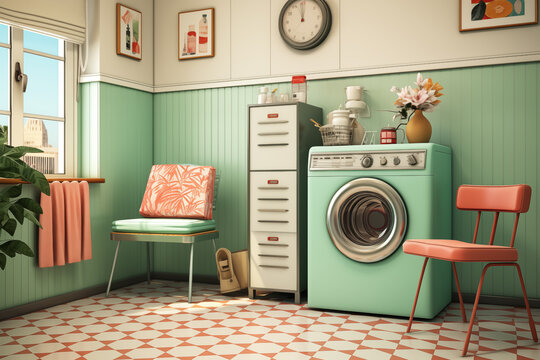 a retro 1950s laundry room scene with vintage washing machines and laundry baskets