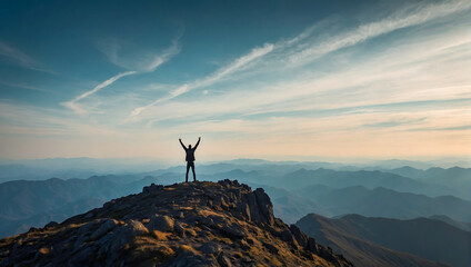 A lone person stands on top of a big mountain with hands towards the sky as to celebrate their achievement