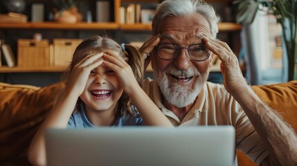 Senior Man and Little Girl Sharing Fun Moment, Happy grandfather and granddaughter sitting together, playfully covering their eyes, watching something on laptop - Powered by Adobe
