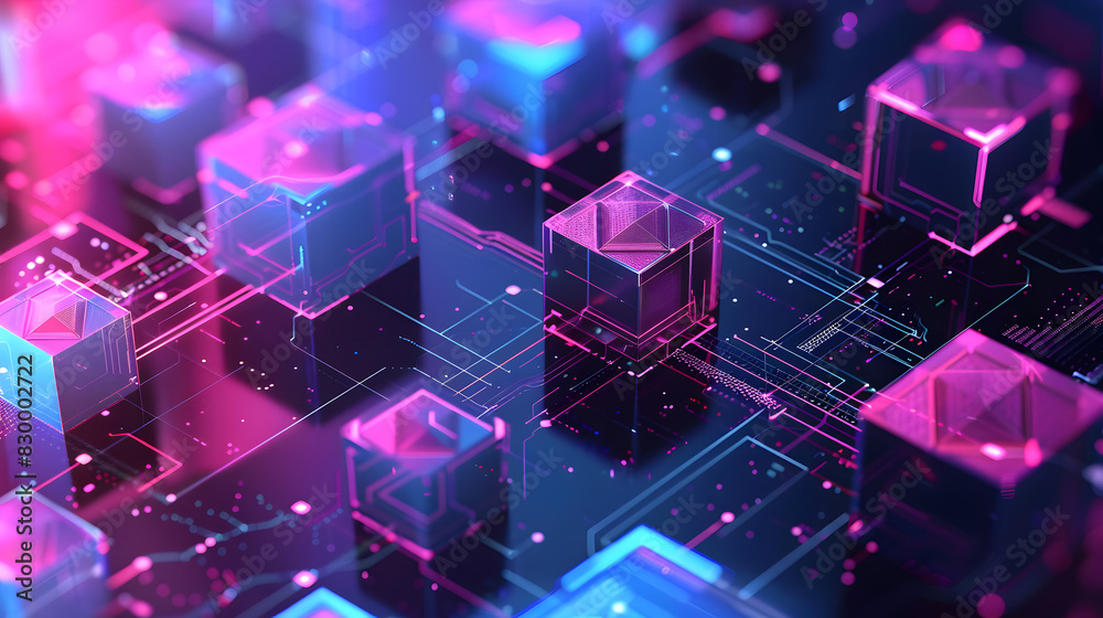 Fototapete the graphic design element and abstract geometric background with isometric digital blocks. blockcha