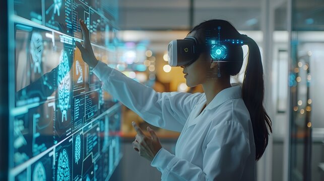 Woman doctor examining brain scans on large digital screen with futuristic data projections