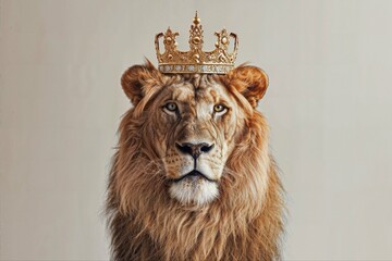 A portrait of a lion wearing a crown, isolated on a white background